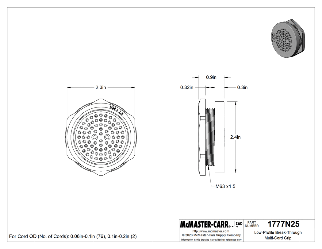 Technical Drawing of Low-Profile Break-Through Multi-Cord Grip, Submersible, for 78 Cords, M50 Knockout Trade Size.